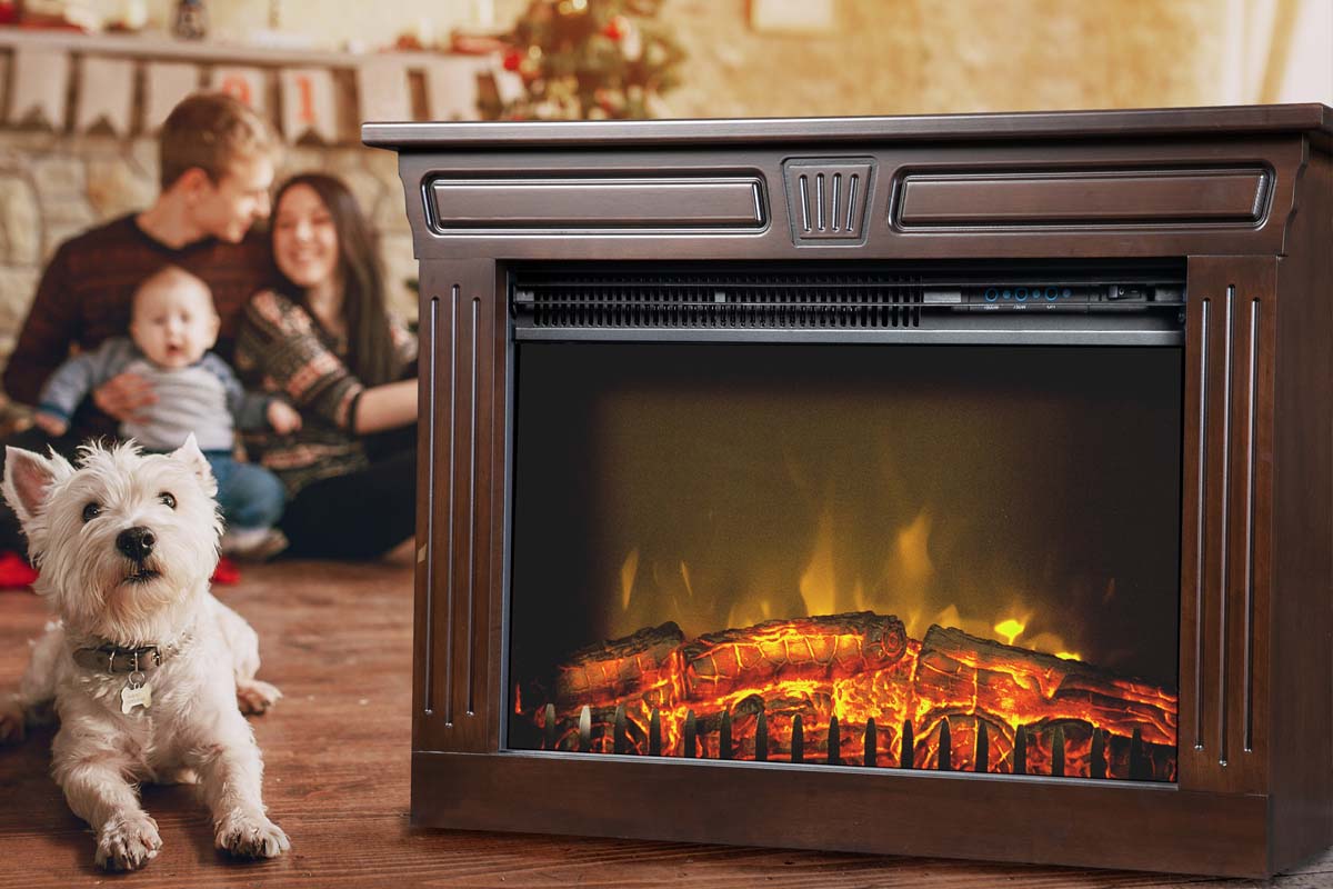 Dog resting by an Amish Fireplace with family in the background