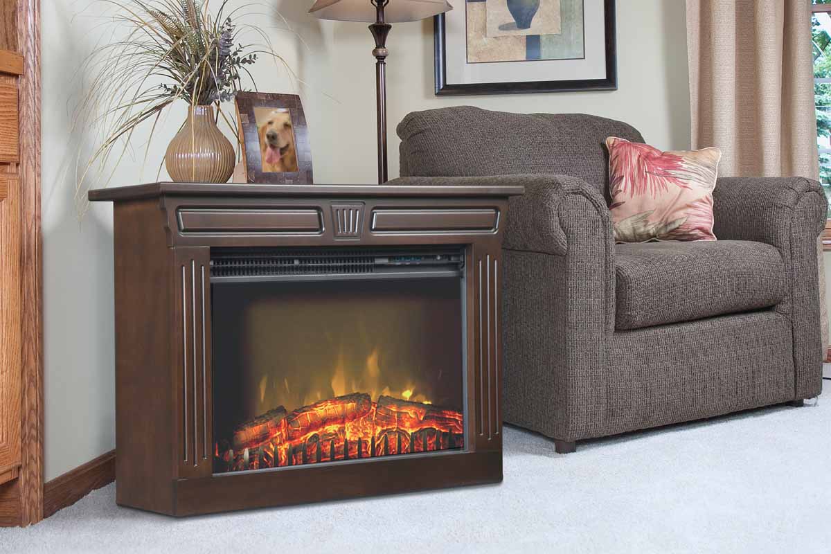 An Amish Fireplace set next to a living room set
