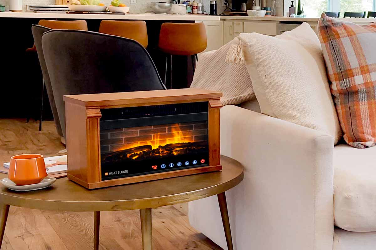 A Multi-Color Mini Glo Widescreen on a side-table next to a living room set