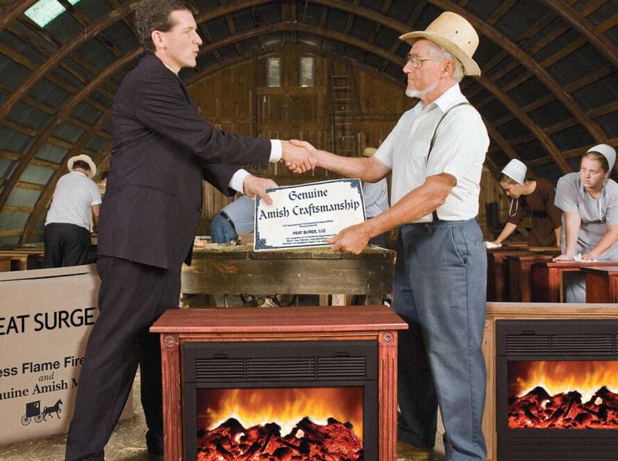 FLASHBACK: AMISH CRAFTSMANSHIP HEATS UP AMERICA: This is the iconic photo of Heat Surge partnering with the Amish community to build millions of portable electric fireplaces that are still keeping America warm and cozy. Now, Heat Surge is relaunching this category-smashing product. Our goal is to have every component of these magnificent Amish fireplaces made 100% in the United States of America.